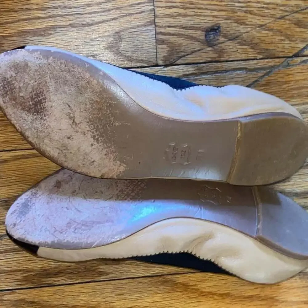Tory Burch Ballet Flats, Beige Leather with Black Cap Toe - Women's Size 7
